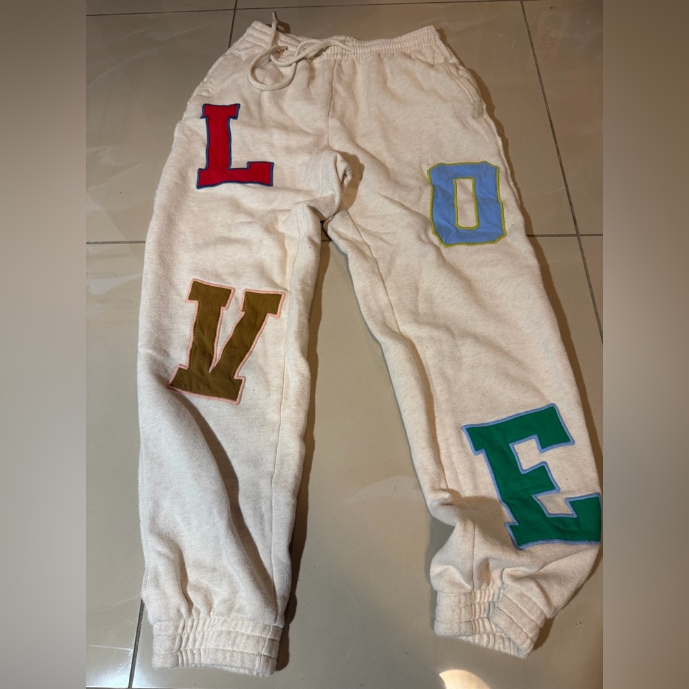Aerie Cream LOVE Patch Sweatpants Varsity Joggers Size Small